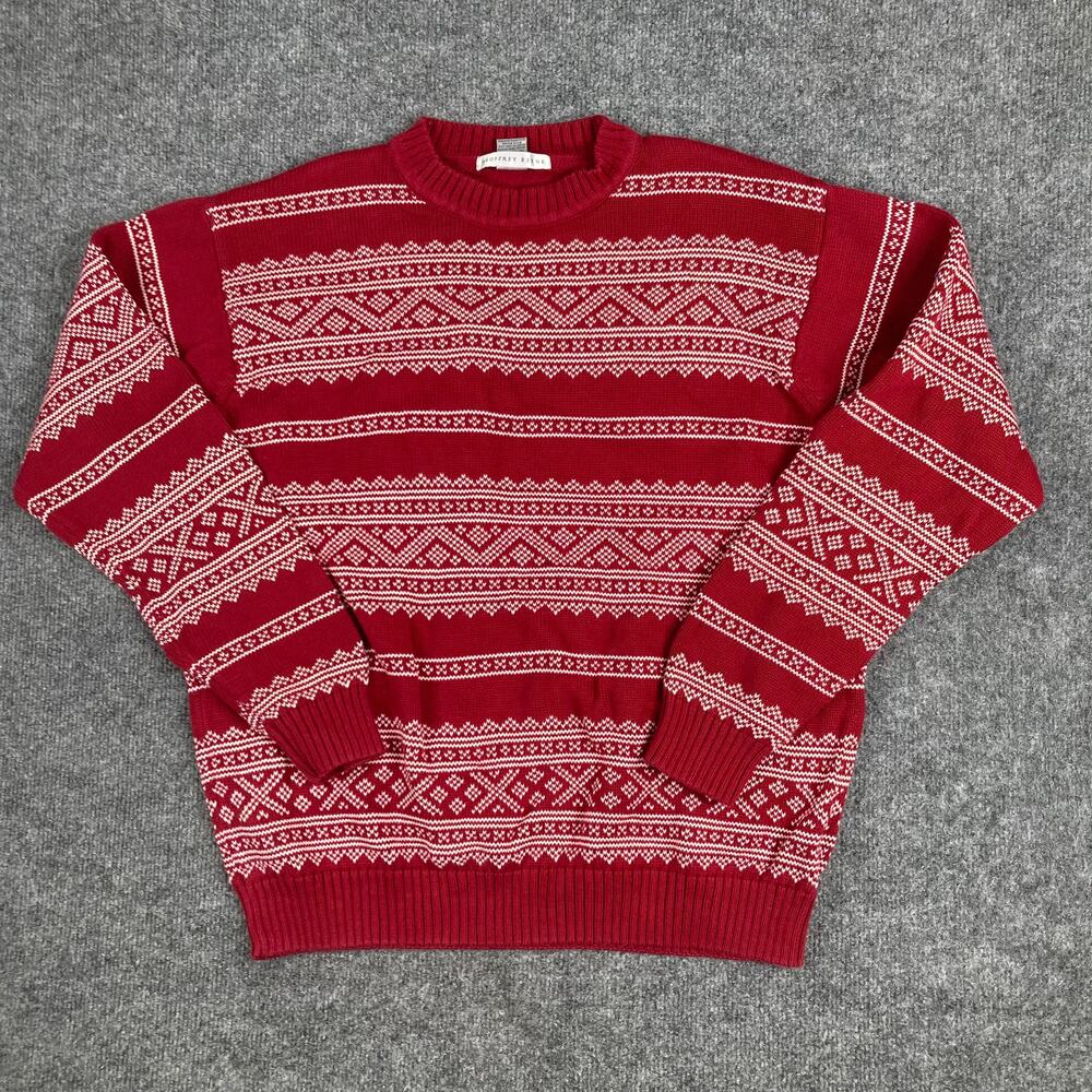Geoffrey‎ Beene Sweater Mens M Red Fair Isle Knit Crewneck Cotton Winter